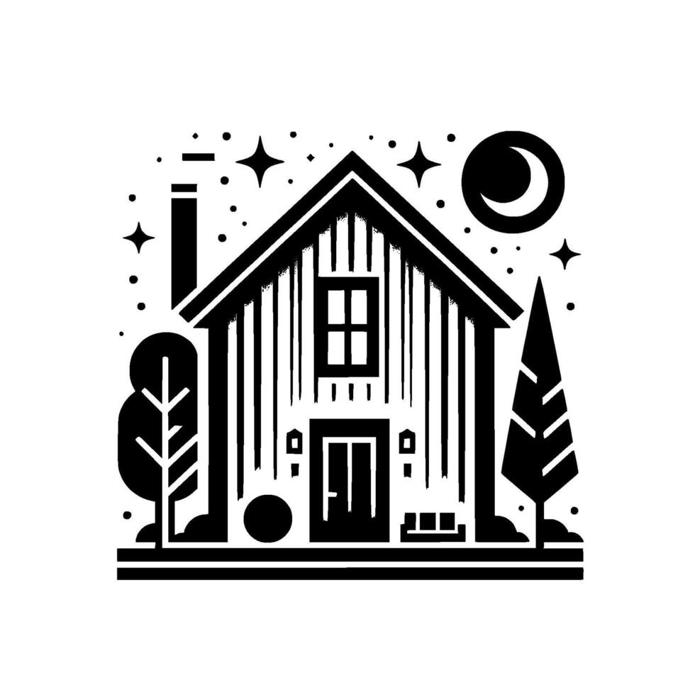Illustration Black and White Cabin Under a Crescent Moon and Stars, Featuring Trees and a Chimney. vector