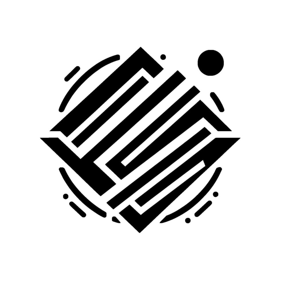 Geometric Abstract Symmetrical black and white composition featuring interconnected shapes, a central mazelike element, and surrounding circular accents on a white background. vector