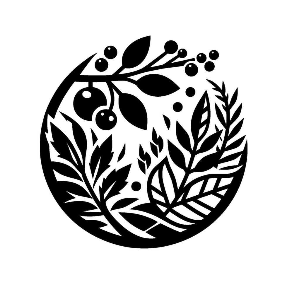 Black White Circular Botanical Illustration Leaves, Berries, and Branches Composed in a Stylized Floral Emblem vector