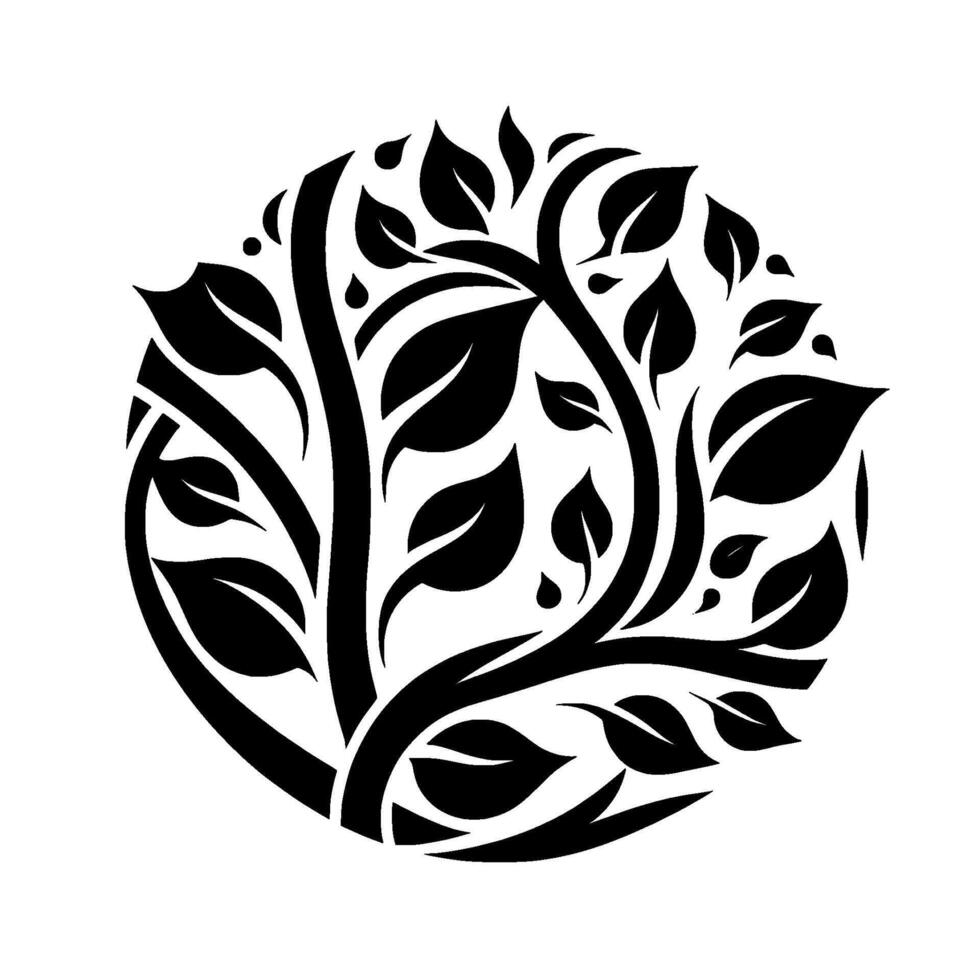 Monochrome Circle Composition A stylized tree with curving branches and varied leaves, offering a bold, minimalist against a white backdrop. vector