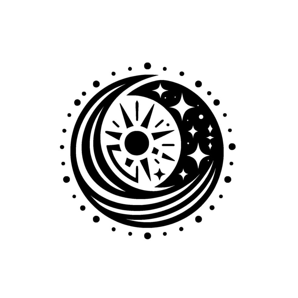 Monochromatic celestial combining sun, moon, and stars within a circular frame, representing day and night. vector