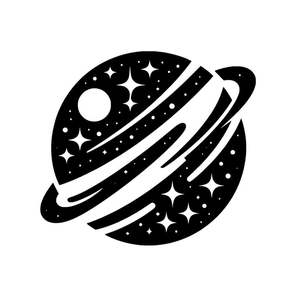 Black and white of a planet with a ring, stardust, and a moon, set against a clean white backdrop, creating a minimalist celestial illustration. vector