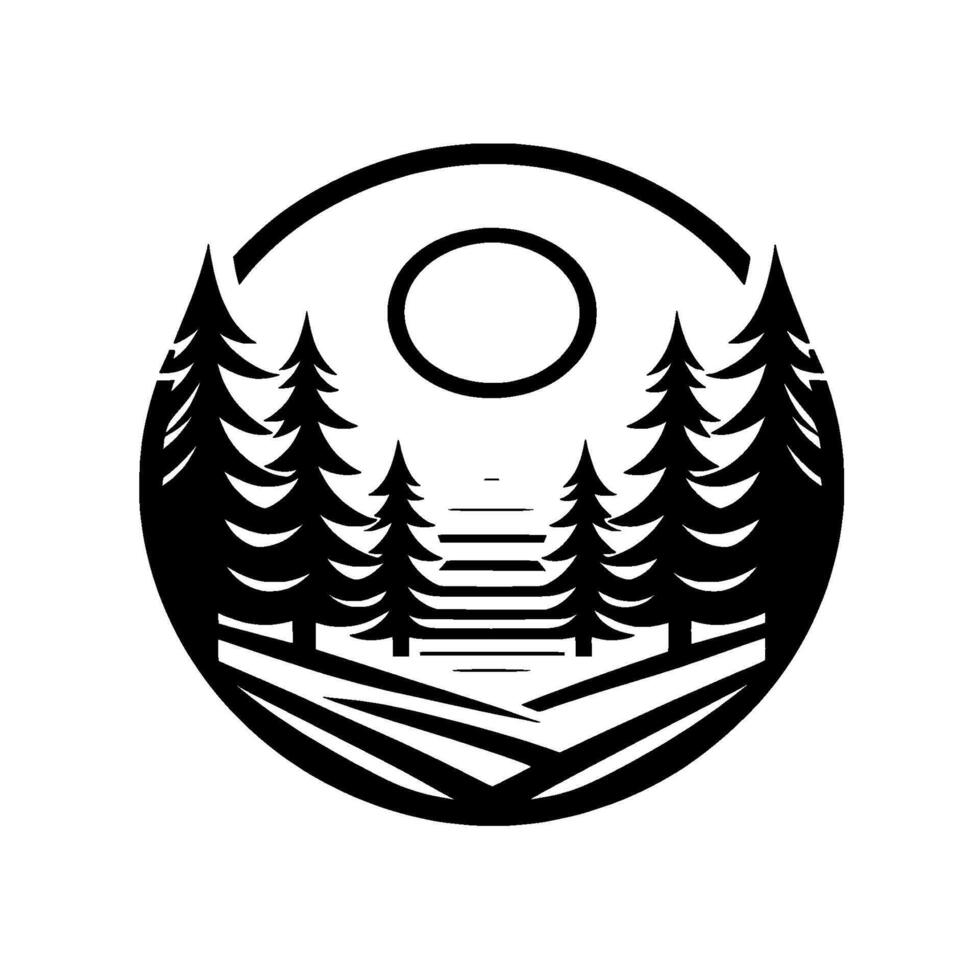 Silhouette landscape within a circle, featuring fir trees, a sun, a set of stairs, and fields, all in black on a white background. vector