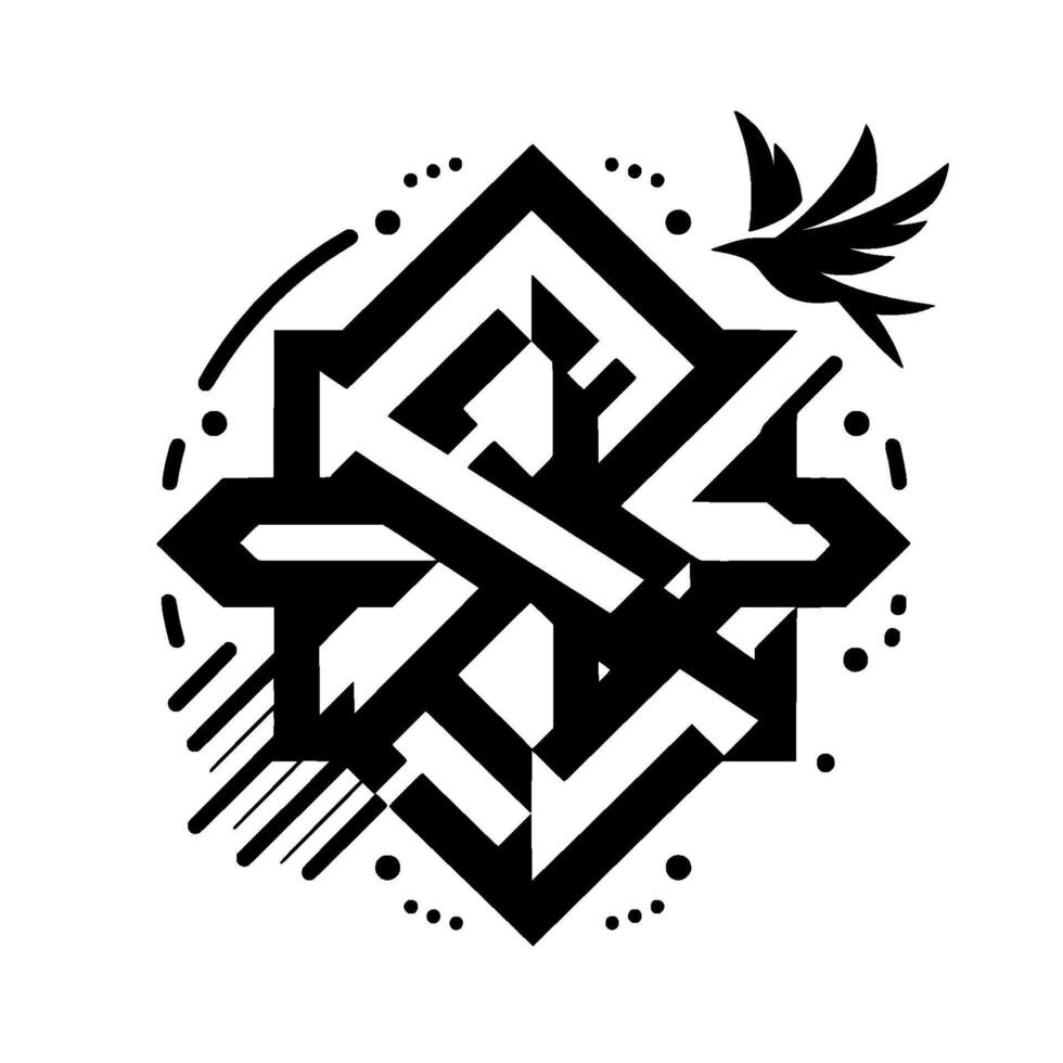 Geometric Black White Illustration Featuring Intricate Abstract Pattern, Symbolic Bird, and Decorative Elements vector