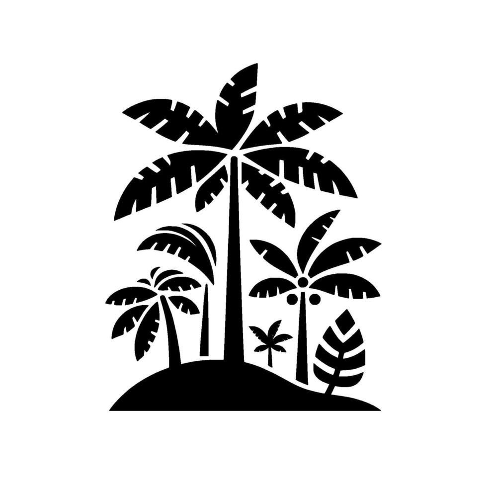 Stylized Black and White Silhouette Tropical Island Scene with Palm Trees and Foliage, Geometric . vector