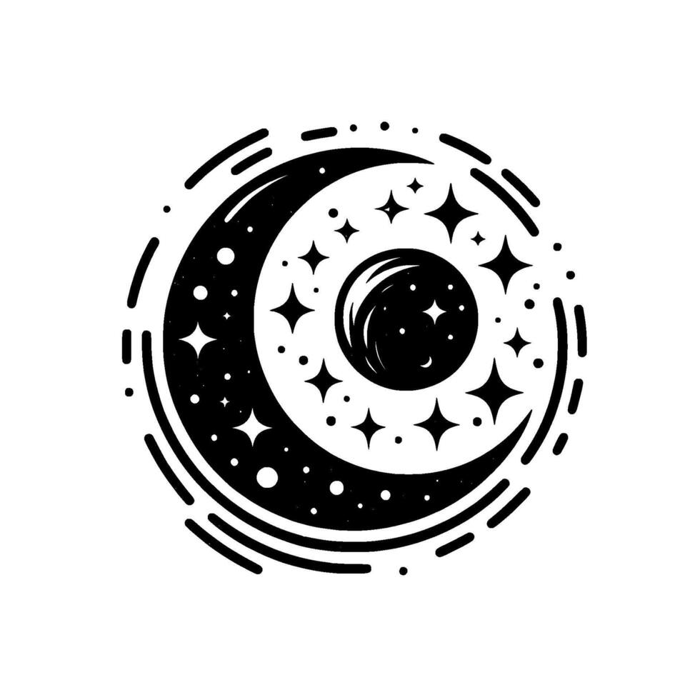 Celestial Crescent Moon and Planets with Starry Night Sky, Black and White Cosmic vector