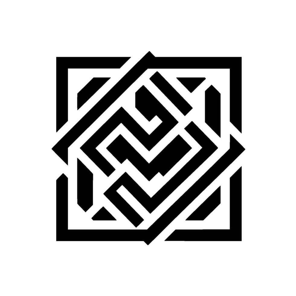 Intricate Black and White Geometric An abstract, symmetrical composition of intersecting lines, squares, and angular shapes, creating a complex visual puzzle. vector