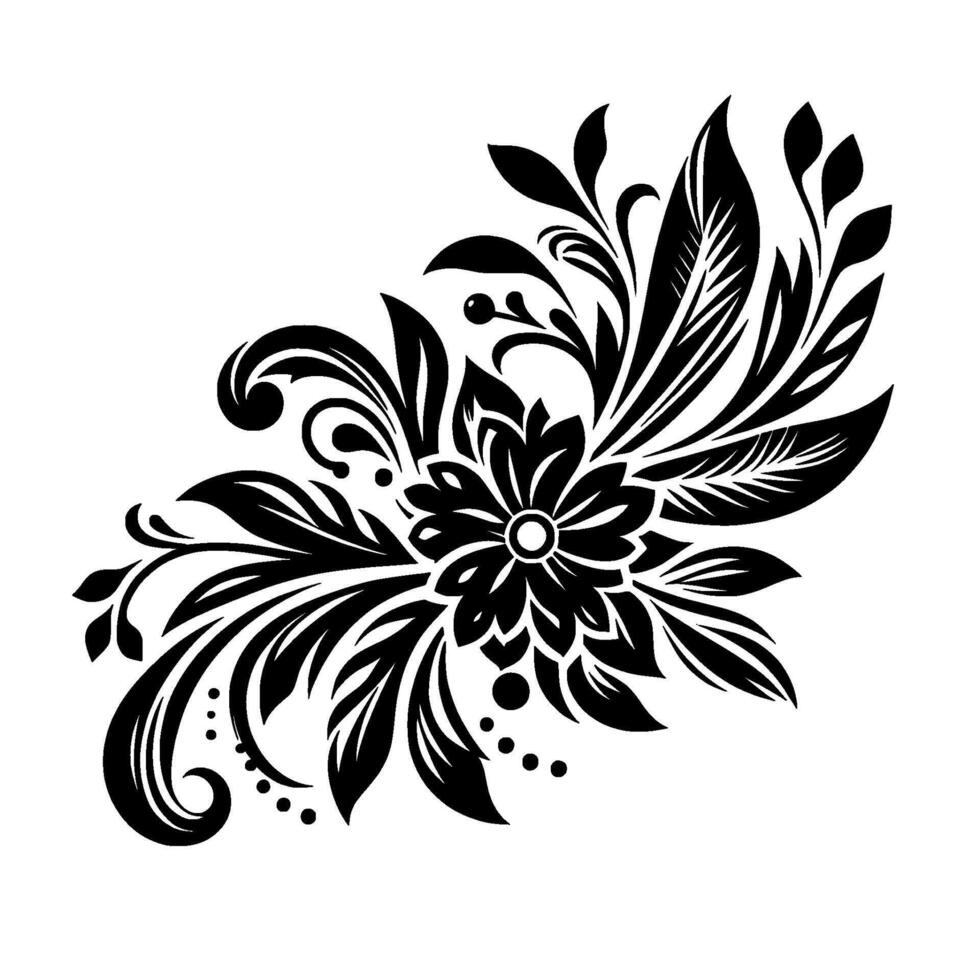 Ornate Black and White Floral Motif with Central Bloom, Leaves, Curlicues, and Dots on a White Backdrop, Illustrative . vector