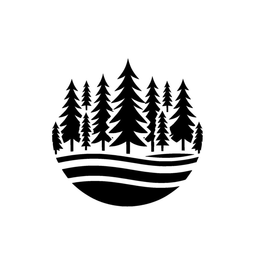 Minimalist Black and White Illustration of a Forest Scene, Pine Trees Silhouetted within a Circular Frame, Clean . vector