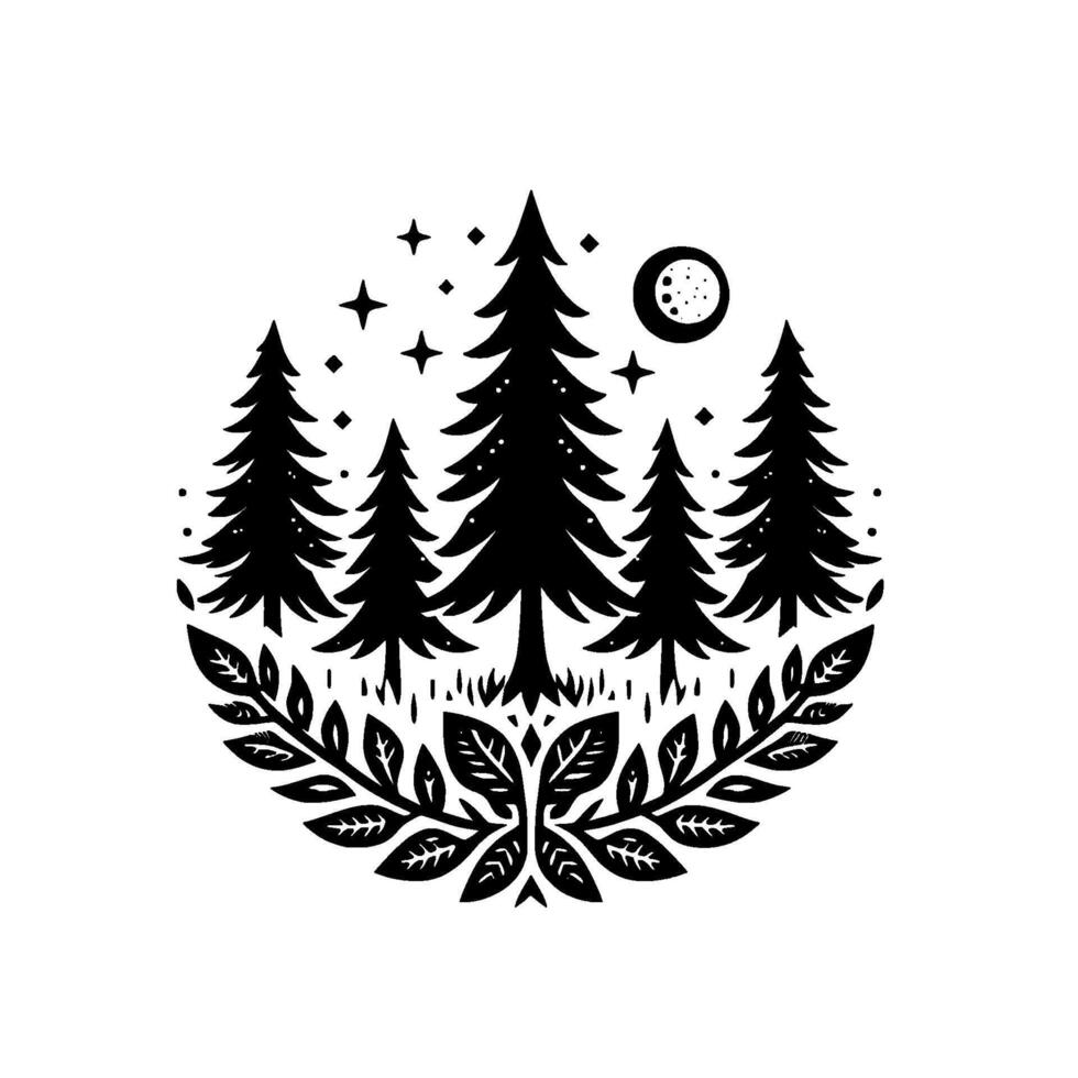 Black and white circular minimalist forest illustration with evergreen trees, moon, stars, and botanical border, creating a calm nocturnal scene. vector