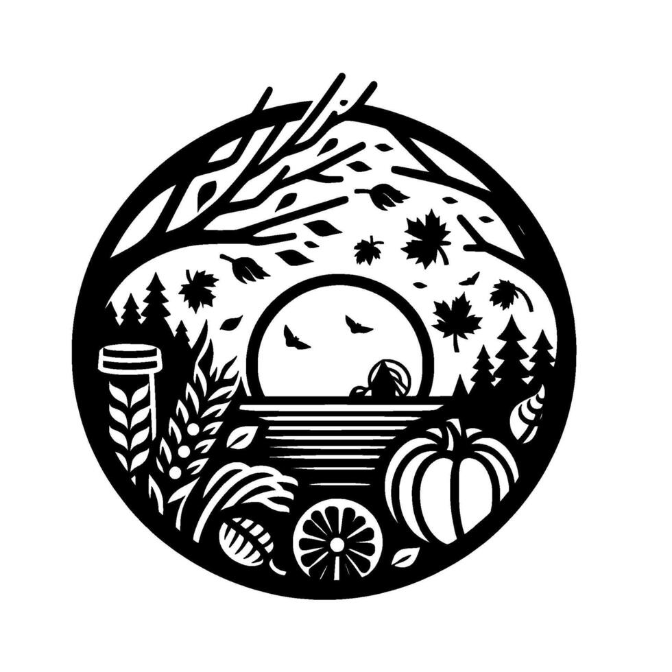 Circular autumn silhouette with trees, foliage, pumpkin, sun, birds, and harvest elements, in a simple black and white . vector