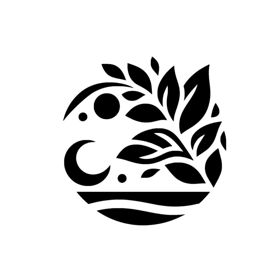 A minimalist black and white circular nature emblem featuring a crescent moon, sun, leaves, and stylized water. vector