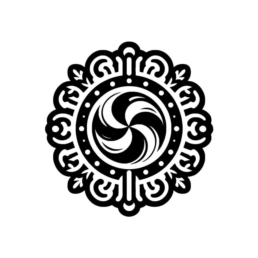 Intricate symmetrical black and white swirling mandalalike , circular decorative pattern, floral motif and dot details. vector