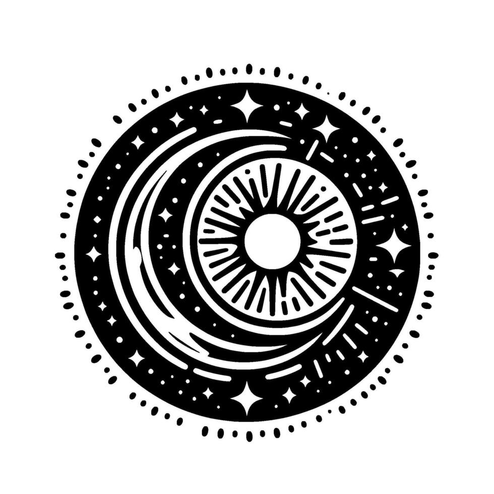 Celestial Mandala Crescent Moon, Sun, and Starry Night Encircling a Cosmic Eye, Black and White Illustration. vector