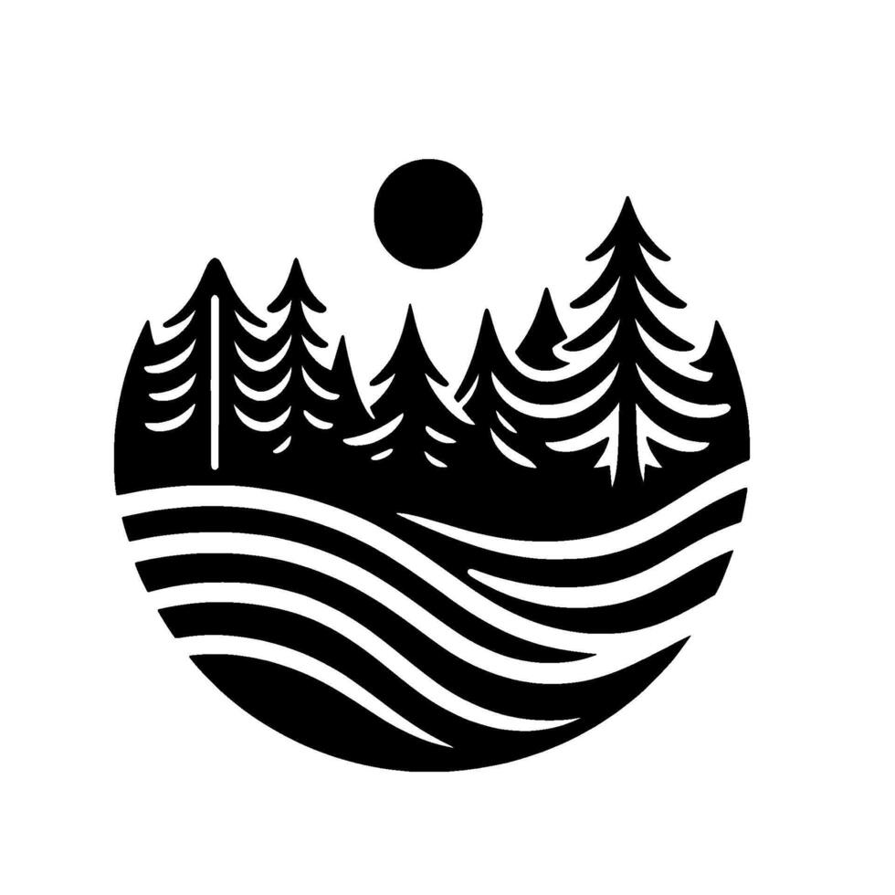 Stylized monochrome landscape within a circle forest silhouette, wavy foreground, black sun, minimalist aesthetic. vector