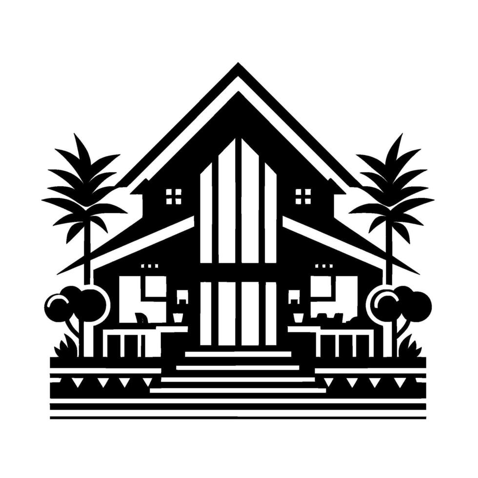 Minimalist Black White House Illustration with Palm Trees, Steps, and Geometric Garden under a Gray Sun. vector