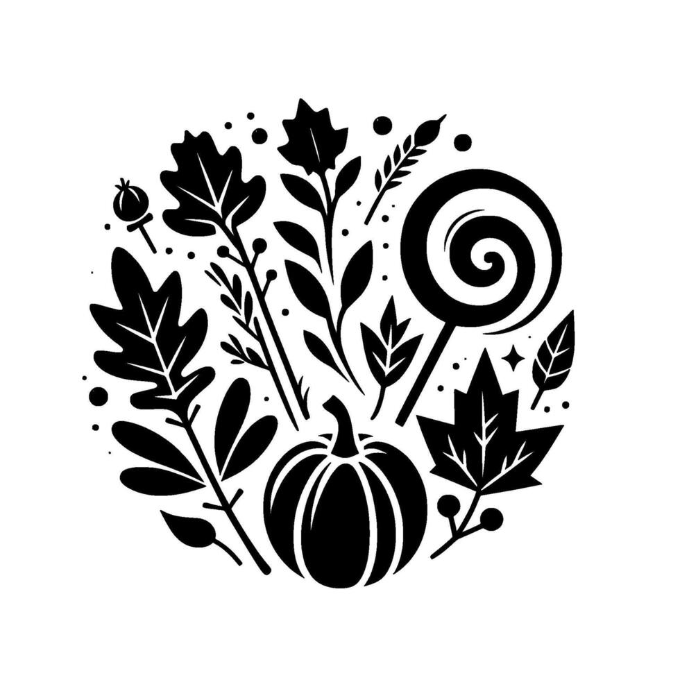 Circular Minimalist Autumn Composition Pumpkin, Leaves, Lollipop, Berries, and Foliage in Monochrome, Perfect for Fall Designs. vector