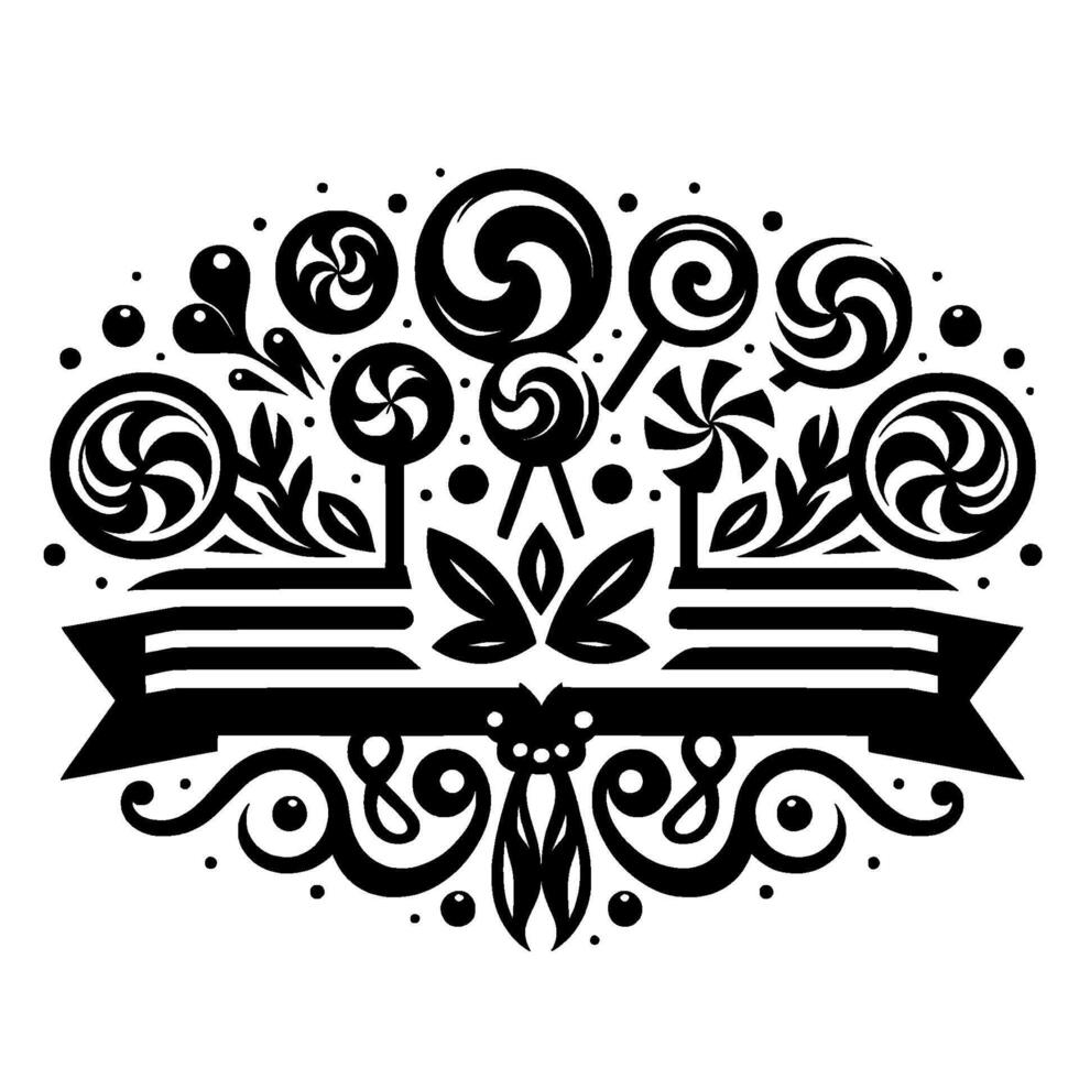 A monochrome lollipop emblem, featuring various swirling candy shapes and leafy details, presented above a banner and decorative flourishes. vector