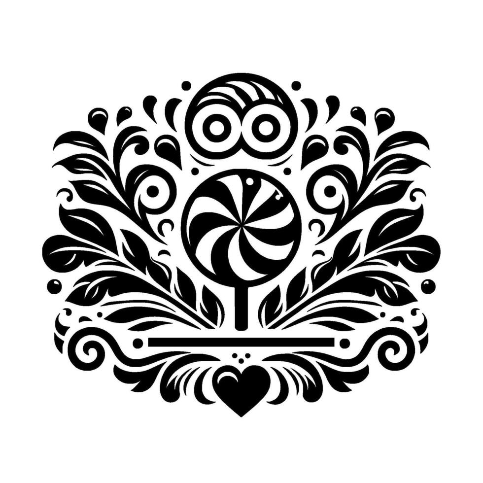 Intricate Black and White Decorative Featuring Swirl Lollipop, Ornamental Foliage, and Abstract Owl Motif, Set Against a White Background. vector