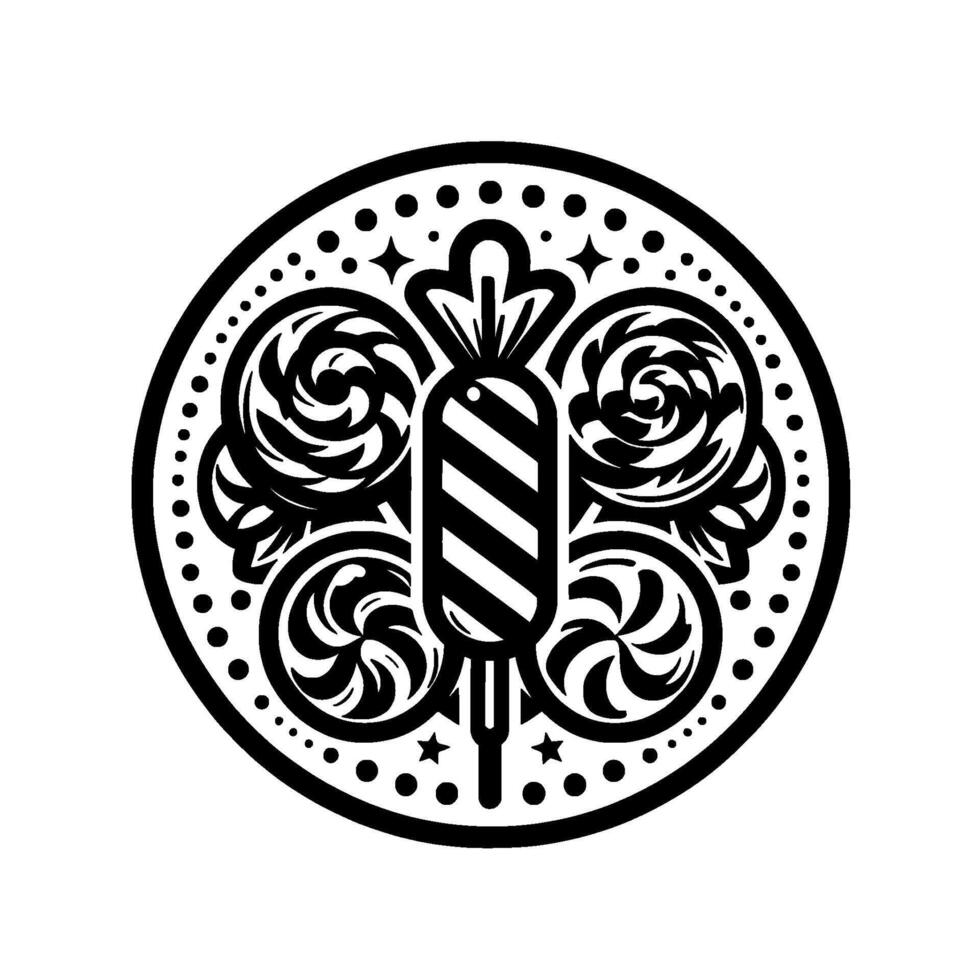 Ornate Black and White Emblem Striped Candy Lollipop Surrounded by Swirls, Stars, and Dot Border in a Circular . vector