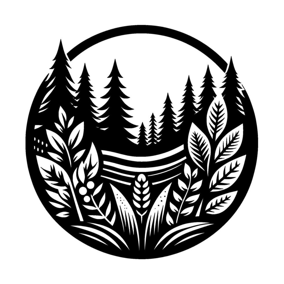 Monochrome, stylized nature scene dense evergreen trees with a field of foliage and flora, enclosed in a circular frame. vector