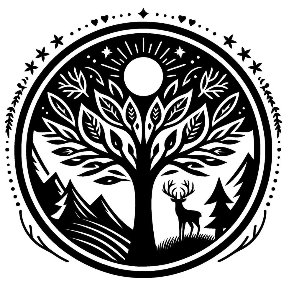 Symbolic Black and White Circular Tree of Life with Deer, Mountains, Sun, Stars, and Forest. vector