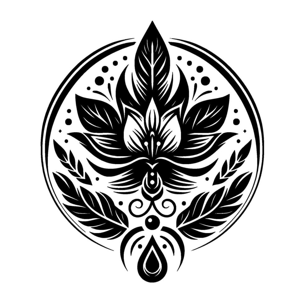 Intricate Black and White Floral Mandala with Leaf and Dot Accents, Enclosed in a Circular Frame. vector