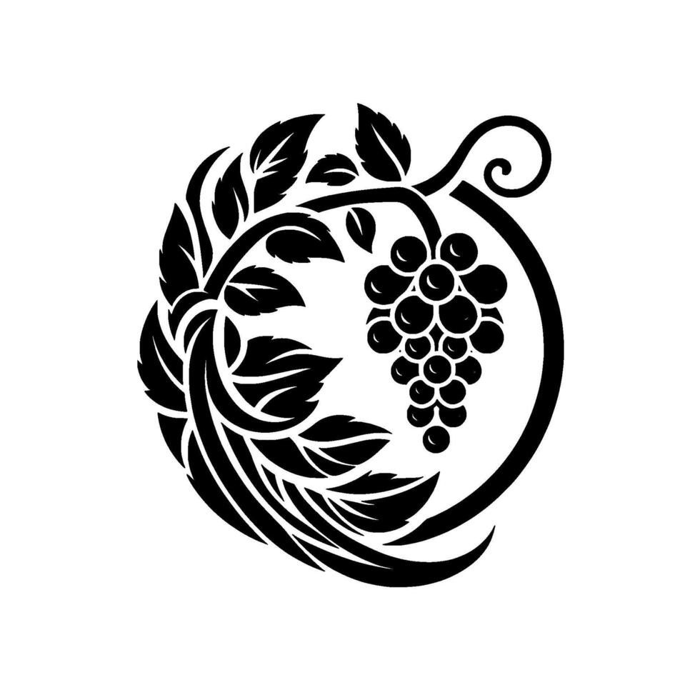 Artistic Black and White Illustration of a Grape Vine Within a Circular Frame, Featuring Leaves and a Swirl. vector