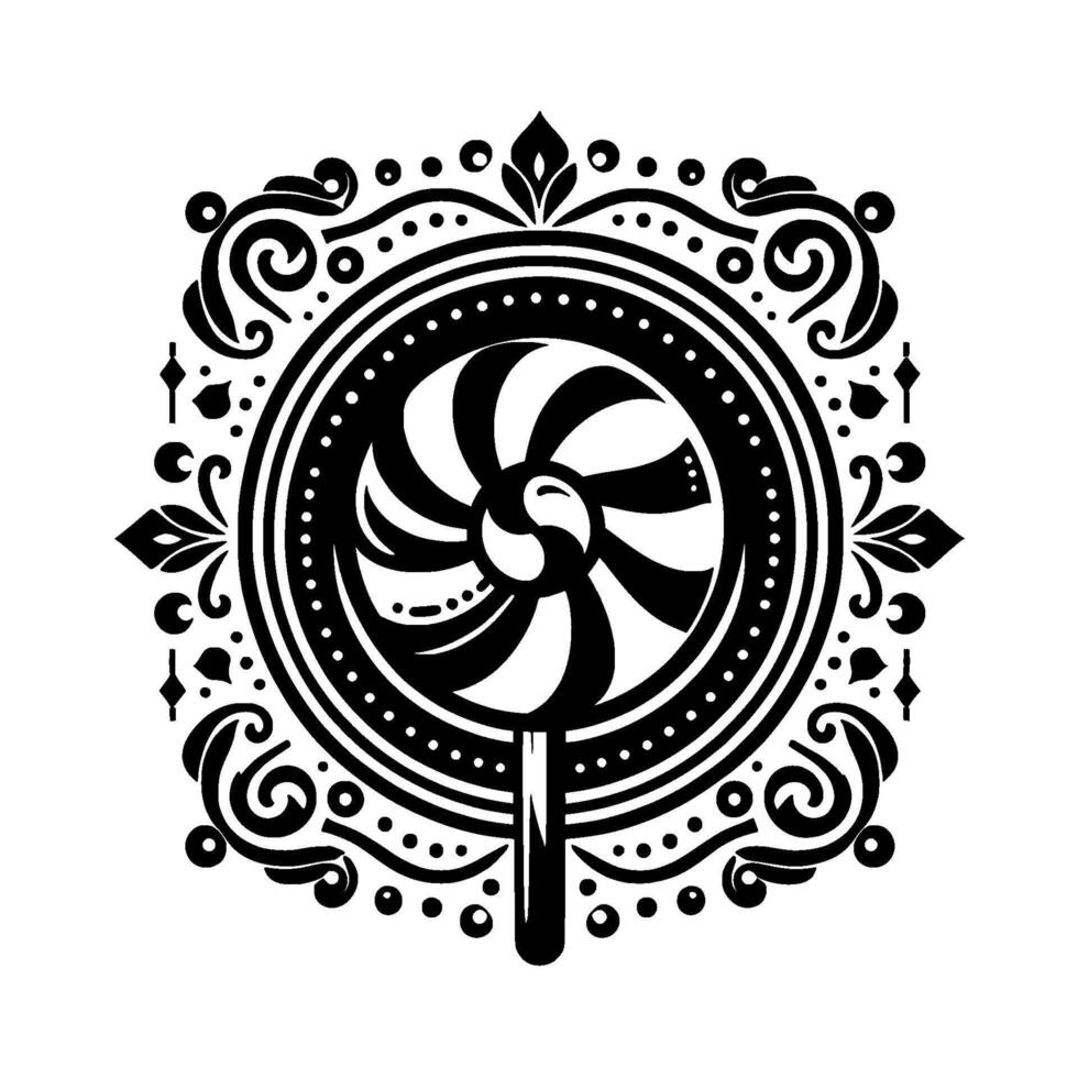 Elegant, Ornate, Black and White Lollipop with Swirling Blades and Decorative Frame vector