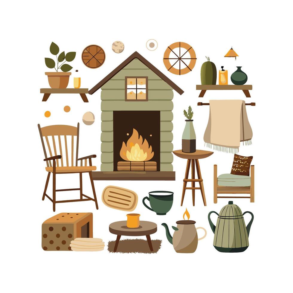 Unique Icons Representing Rustic Farmhouse Interiors vector