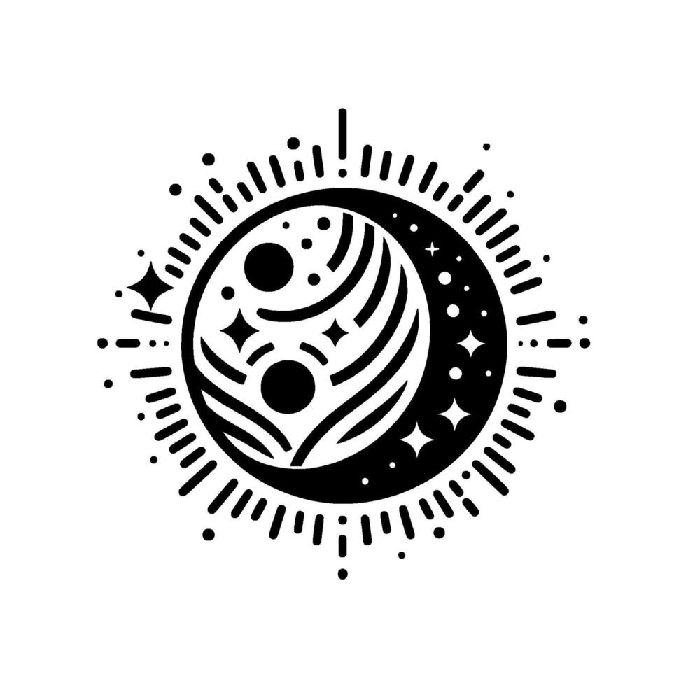 Yin Yang Cosmic Harmony A Black and White Celestial Symbol Featuring Planets, Stars, and a Halo Effect. vector
