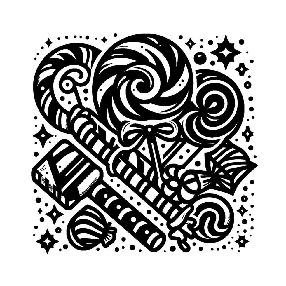 Whimsical Black White Candy Composition Featuring Lollipops, Candy Canes, and Sweet Treats with Dotted and Star Accents. vector