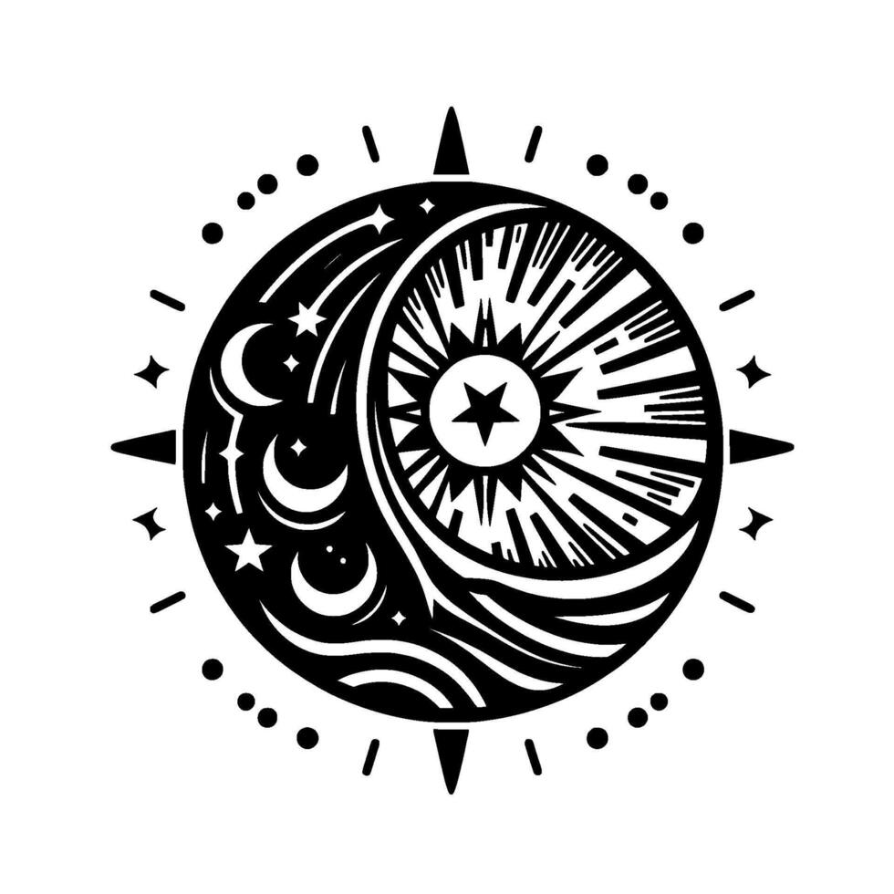 Celestial Yin Yang Black and White Starry Crescent Moon and Sun Symbol with Radiant Energy, Mystical . vector