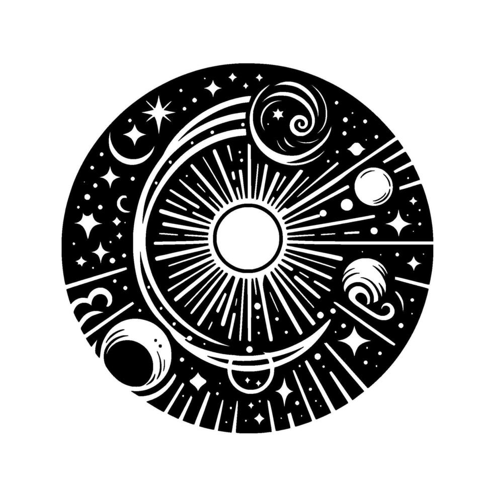 Cosmic Mandala Black and White Circular Illustration Featuring Sun, Moon, Planets, Stars, and Celestial Orbs, Depicting Universe vector