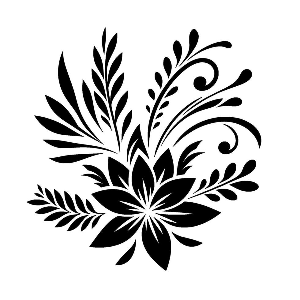 Black and White Floral Detailed illustration of stylized flower and leaves with swirls and botanical elements on white background. vector