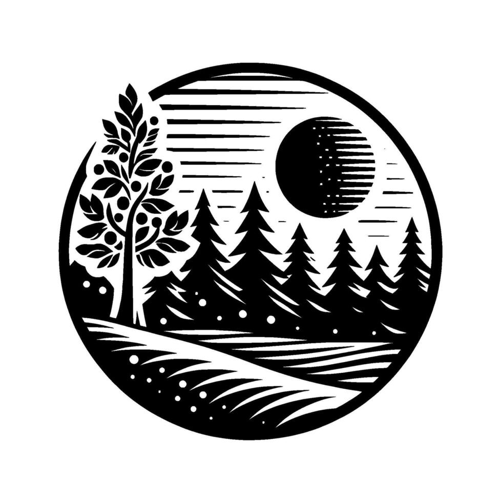 Black and White Illustration of a Forest Landscape Inside a Circle with a Tree, Pines, Moon, and Fields. vector