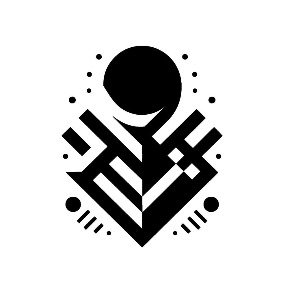 Geometric abstract composition featuring a central black shape with a circle, lines, and dotted elements, set against a white background. vector