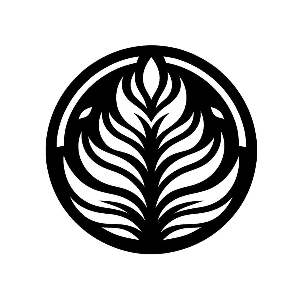 A symmetrical stylized emblem of a leaf within a circular frame, rendered in high contrast black and white, evoking natural beauty and simplicity. vector