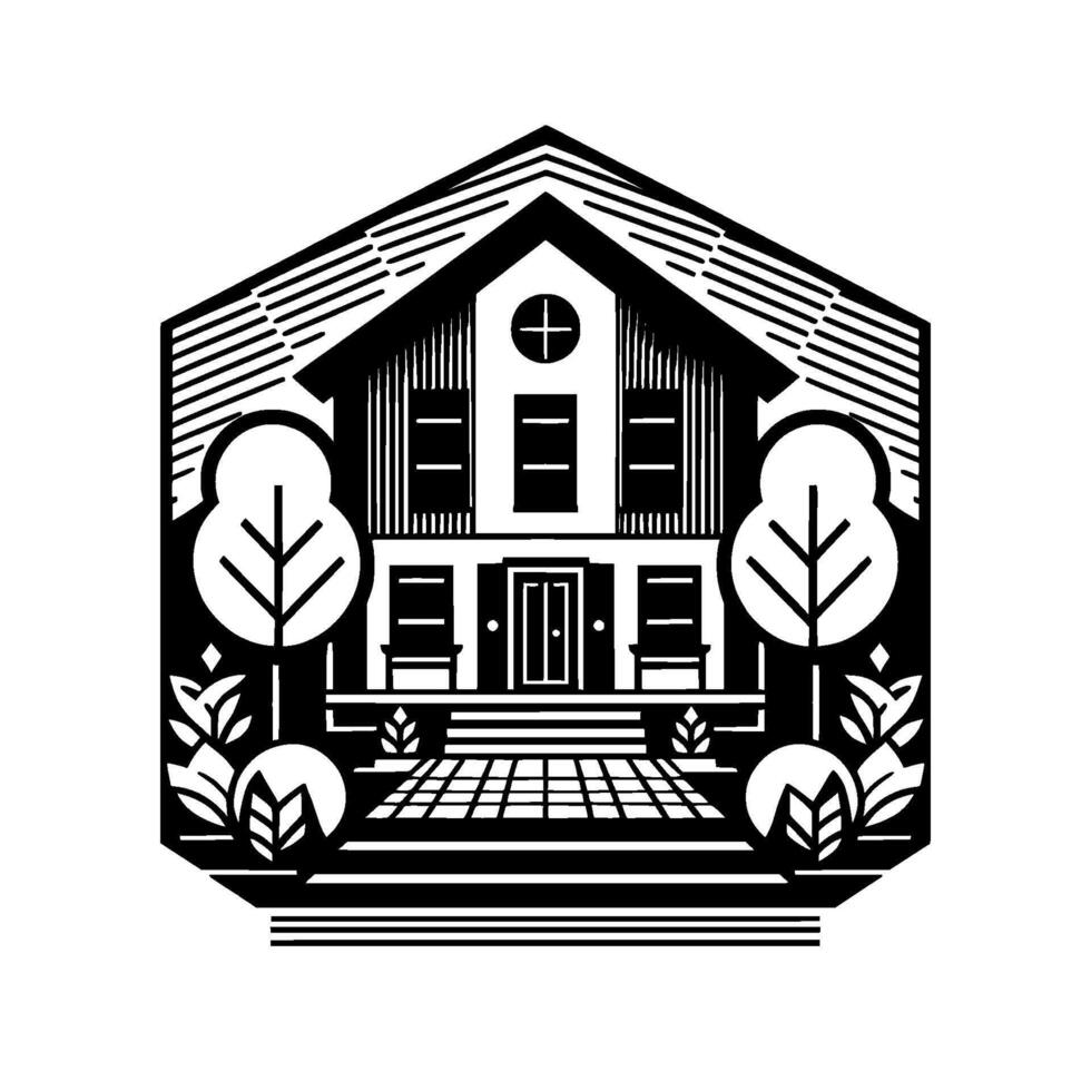 Geometric black and white illustration of a house within a hexagonal frame with trees, bushes, and a cross symbol above the entrance door. vector