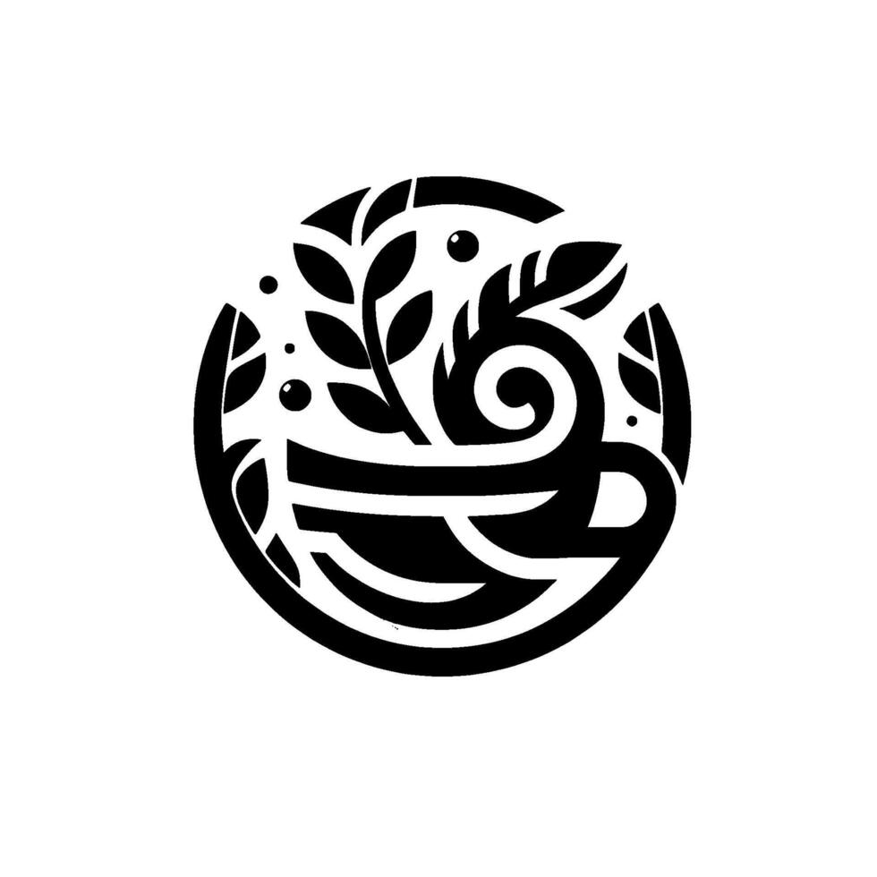 Circular Black and White Minimalist A stylized cup filled with swirling steam and foliage, creating a calming and natural theme. vector
