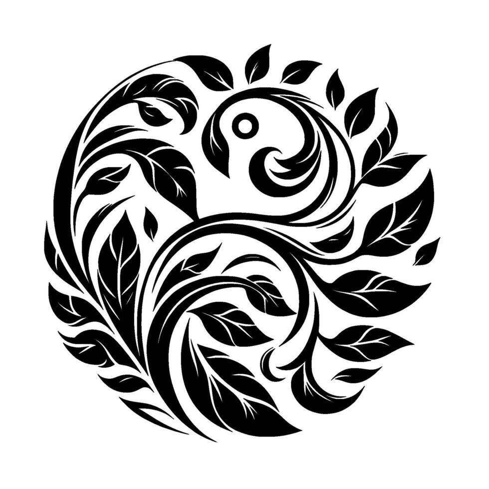 Elegant Black and White Circular Floral Featuring Lush Leaves, Graceful Swirls, and a Modern, Minimalist Aesthetic. vector