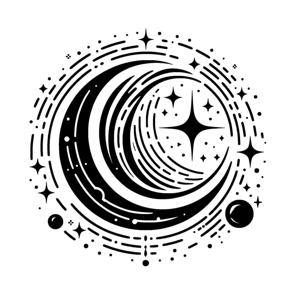 Celestial Mandala Black and White Crescent Moon Surrounded by Stars, Nebulae, and Decorative Lines, in a Circular Arrangement. vector