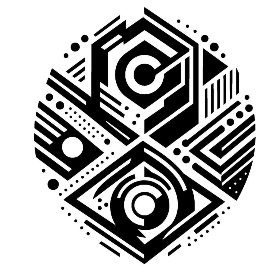 Geometric Abstract Composition A Symmetrical Oval of Black and White Elements, Featuring Shapes, Lines and Patterns vector