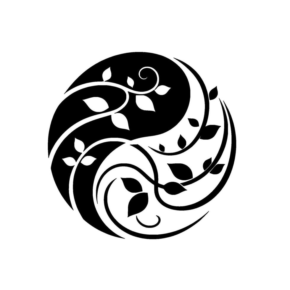 Yin Yang Symbol of Harmony, Featuring Black and White Stylized Vines and Leaves, Representing Balance. vector