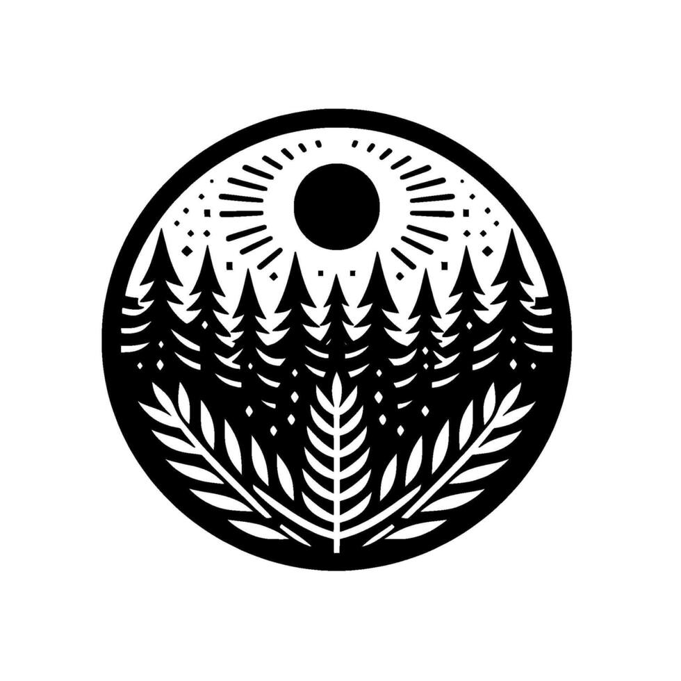 Monochrome Forest Circle Silhouette of pine trees, radiant sun, and leafy foreground, artistic nature emblem on white. vector