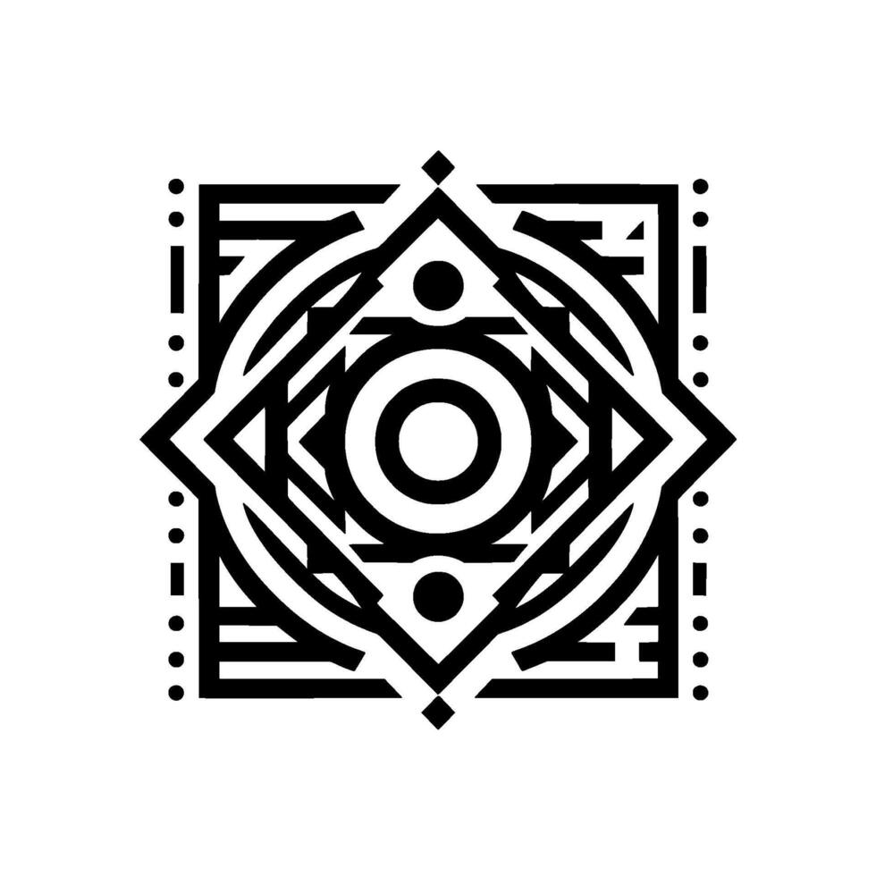 Intricate Geometric Black and White Pattern Square Frame Enclosing a Central Circle with EightPointed Star and Minimalist Elements. vector
