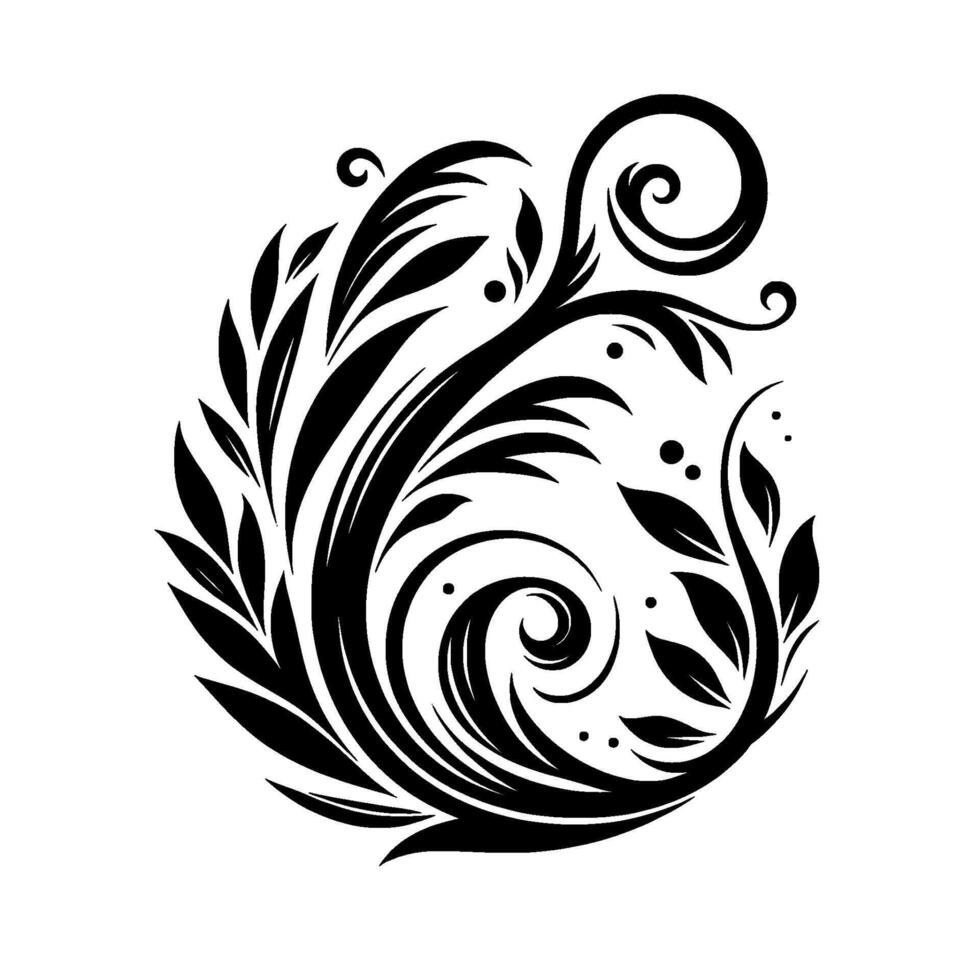 Intricate black floral with swirling elements and delicate leaves, rendered against a clean white backdrop, creating a balanced and artistic composition. vector