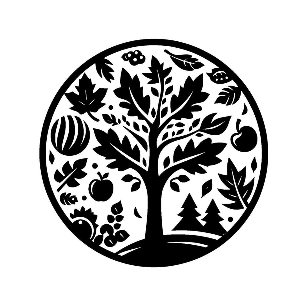 Circular black and white illustration of a tree with apples, leaves, and various botanical elements inside a circle. vector