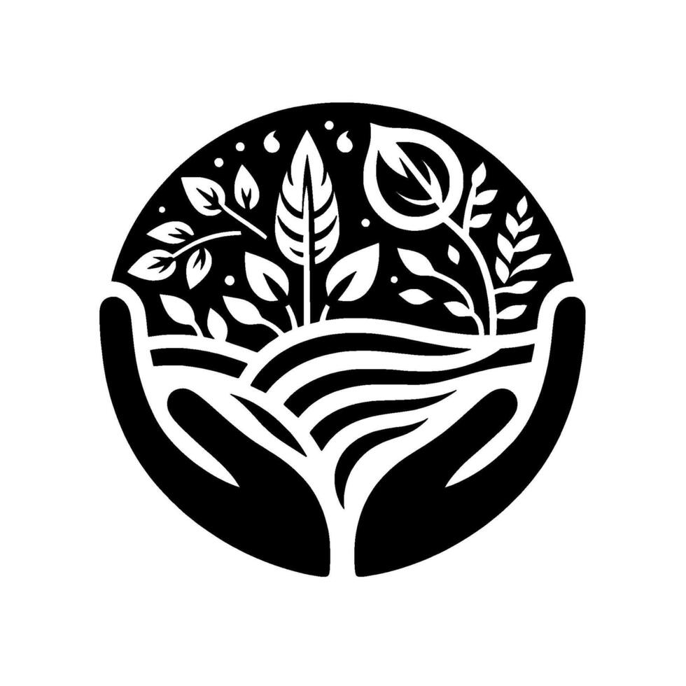 Minimalist Black and White Circular Illustration of Hands Protecting Growing Plants, Emphasizing Environmental Care and Growth. vector