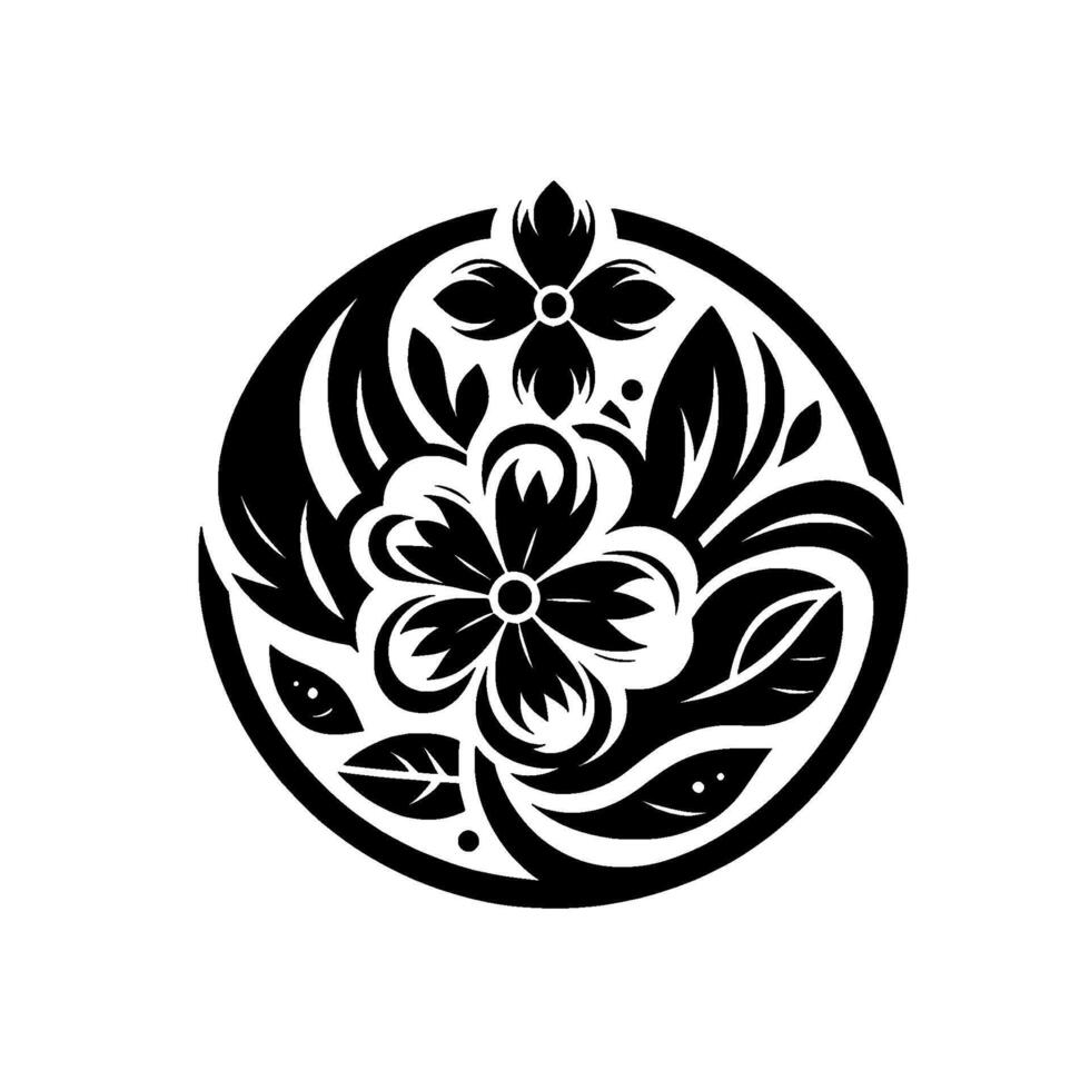 Elegant Black and White Floral Mandala with Detailed Leaves and Blossoms, Harmonious Composition vector